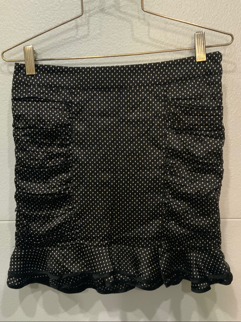 Black Polka Dot Ruffled Silk Mini Skirt